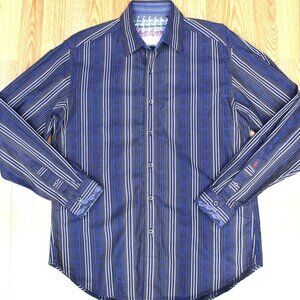 ROBERT GRAHAM REGULAR FIT SHIRT 100% COTTON NAVY STRIPED Sz LARGE, L